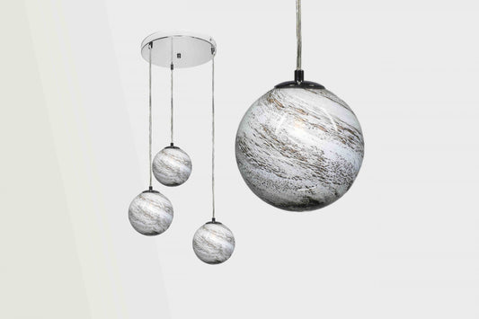 Mercury Swirl Triple Pendant Light – Handblown Glass Shades on Single Ceiling Rose – Bulbs Included