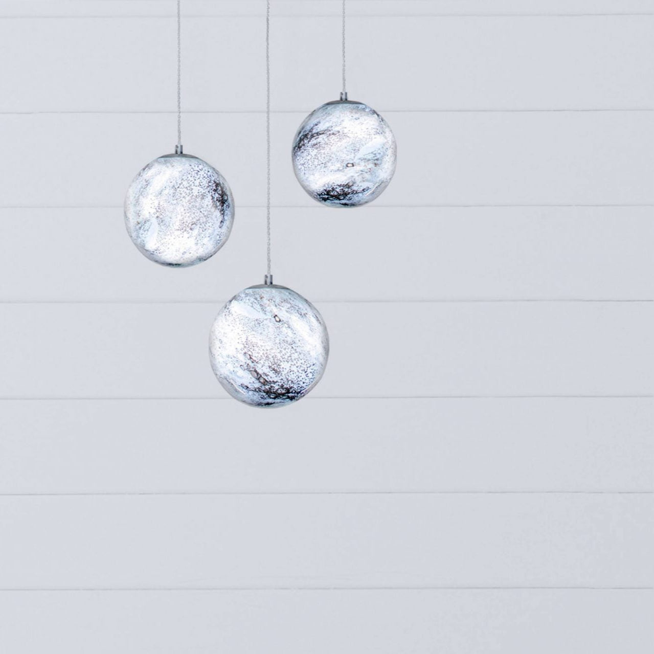 Mercury Swirl Triple Pendant Light – Handblown Glass Shades on Single Ceiling Rose – Bulbs Included