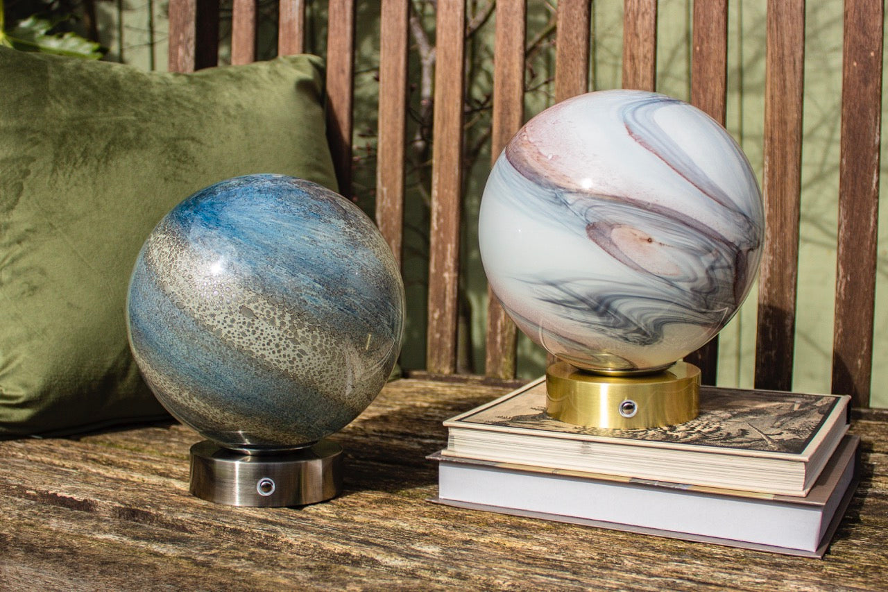 Cordless Rechargeable Chrome based Glass lamp - Sandstone