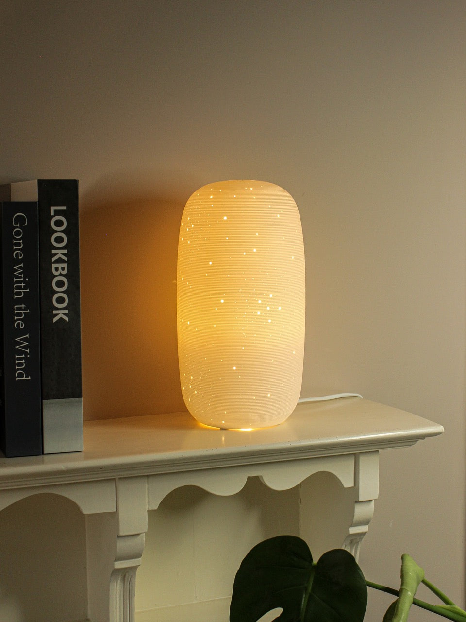 White Ceramic Table Lamp – Starry Dot Design, Tall Cylinder Glazed Base
