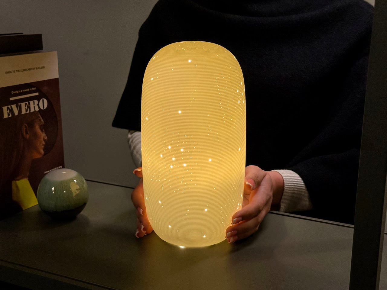 White Ceramic Table Lamp – Starry Dot Design, Tall Cylinder Glazed Base