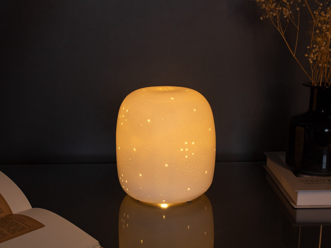 White Glazed Table Lamp with Starry Dot Pattern – Short Round Cylindrical Design