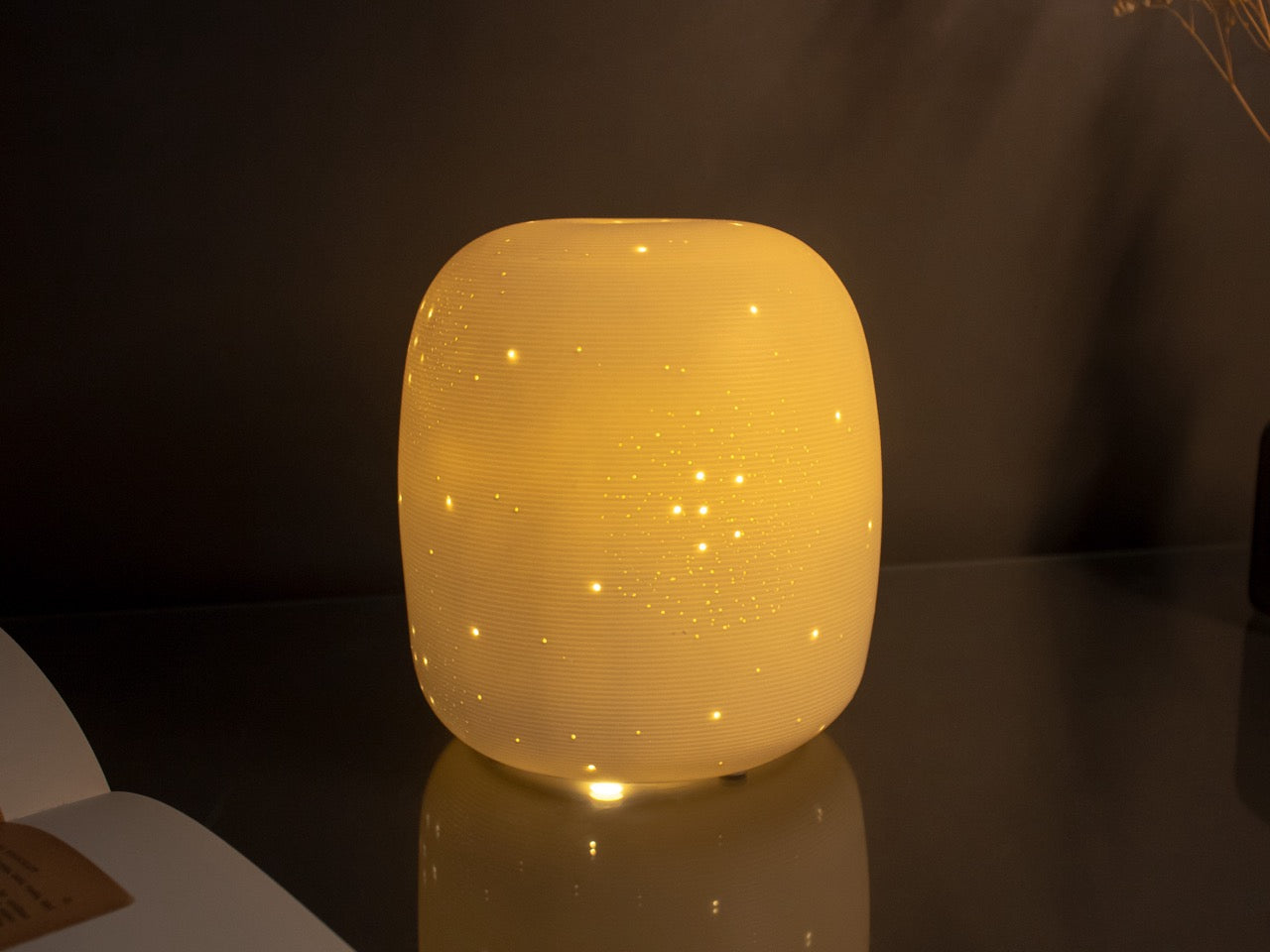 White Glazed Table Lamp with Starry Dot Pattern – Short Round Cylindrical Design