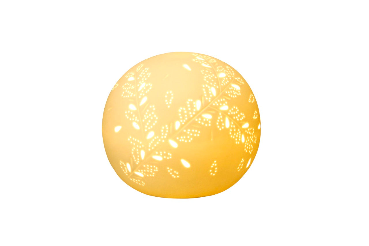 White Glazed Table Lamp with Branches and Golden Petals – Elegant Sphere Shape